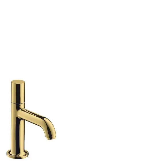 Standventil in glänzendem Gold-Finish, Auslauf nach vorne zeigend, von AXOR, für Badezimmeranwendungen geeignet. Minimalistisches Design ohne Ablaufgarnitur.